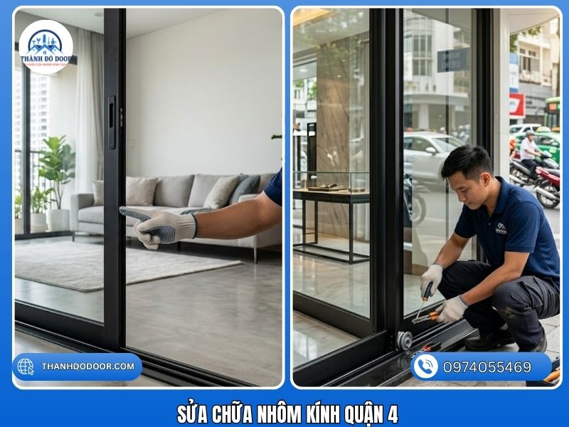 📍 Sửa Chữa Nhôm Kính Quận 4 – Đội Phản Ứng Nhanh Trị Dứt Điểm Cửa Xệ, Kẹt 2 thợ sửa cửa nhôm Quận 4