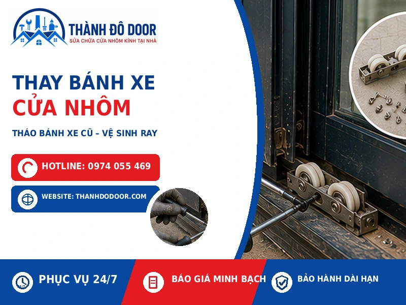 02 thay banh xe cua nhom thao banh xe cu ve sinh ray